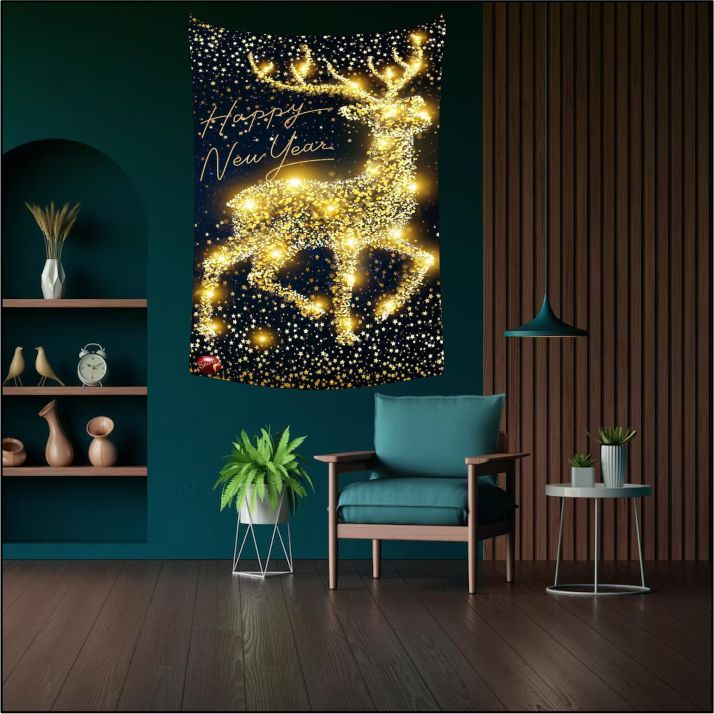 Christmas Deer Lightning Stars Tapestry Art