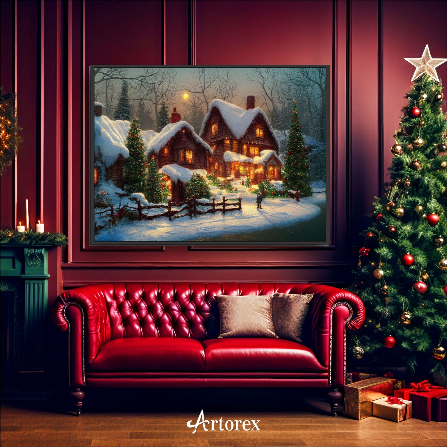 Cottage Decorated Christmas House Art